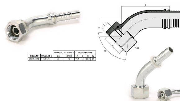 Imagen de HEMBRA CURVA 45° JIC 7/8'' UNF X 14F 12 MANG.3/4''